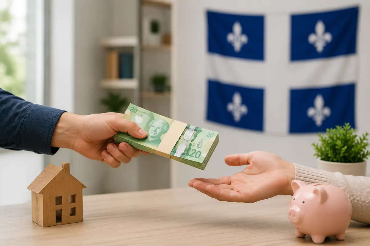 Une main tend des billets canadiens de 20 dollars à une autre main devant un drapeau du Québec