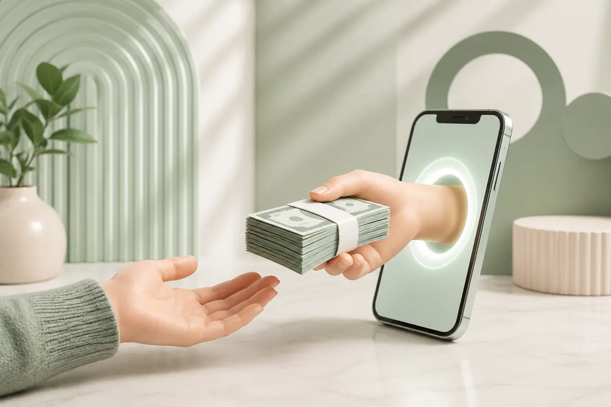 Illustration d'un transfert d'argent : une main sort de l'écran d'un téléphone pour remettre des billets à une autre main
