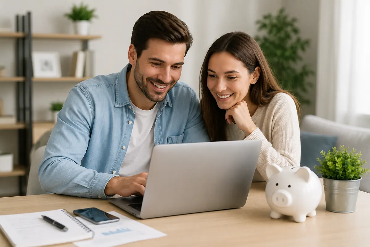 Couple souriant devant un ordinateur portable à la maison, tirelire posée sur la table