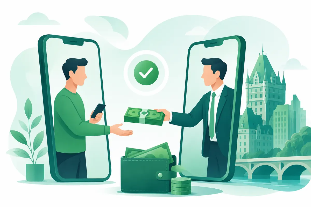 Illustration de deux personnes qui échangent de l'argent d'un téléphone à l'autre, coche verte de validation et Château Frontenac en arrière-plan