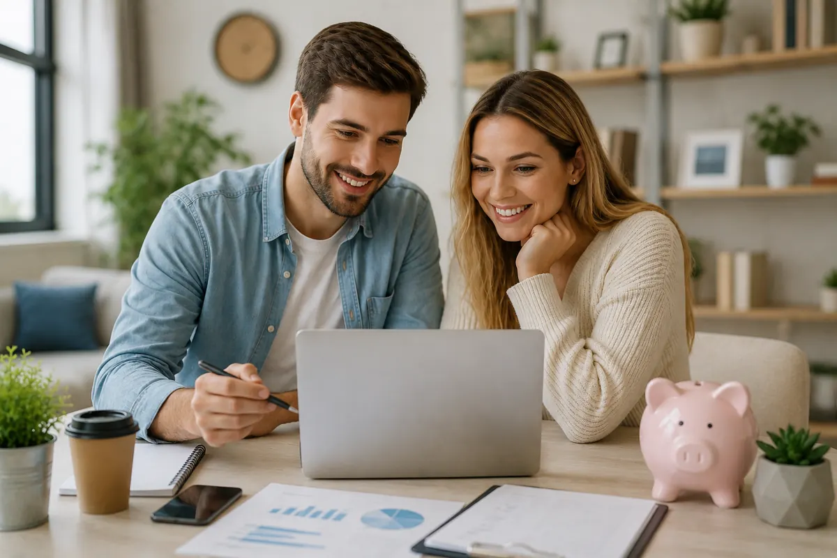 Couple examinant des graphiques financiers devant un ordinateur portable, tirelire posée sur le bureau