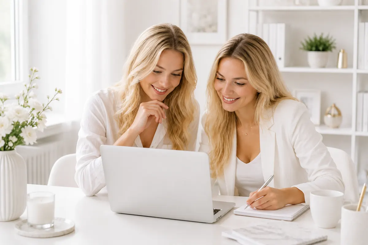 Deux femmes remplissant un formulaire devant un ordinateur portable dans un bureau lumineux