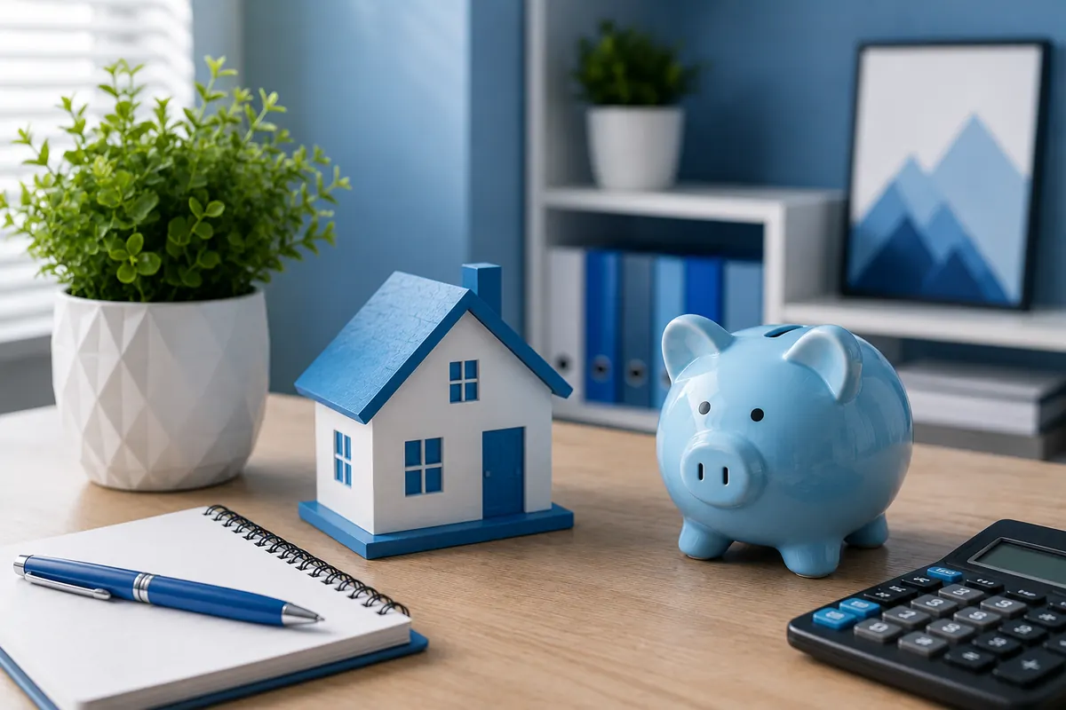 Maison miniature bleue, tirelire et calculatrice posées sur un bureau devant des classeurs